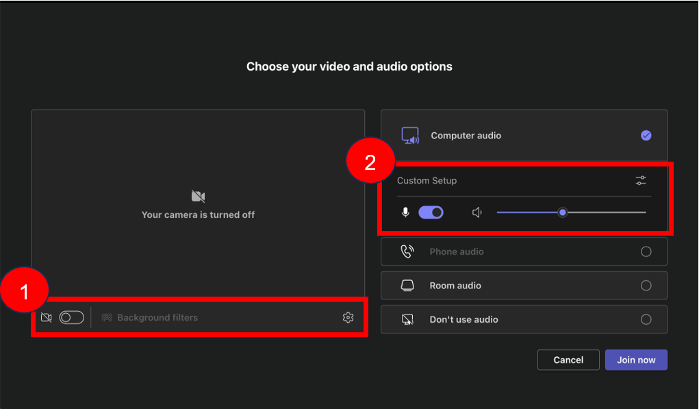 Screenshot of adjusting video and audio settings in Microsoft Teams before joining a meeting